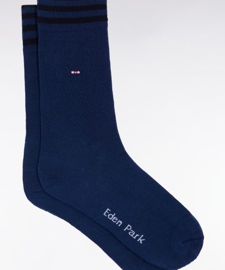 Chaussettes en coton stretch mélangée bleues à bordures rayées