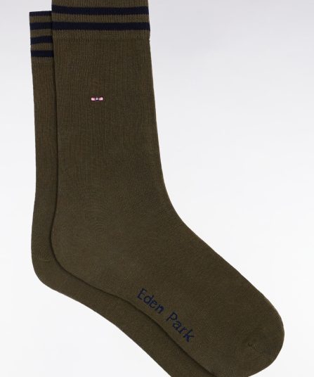 Chaussettes en coton stretch mélangée kaki à bordures rayées