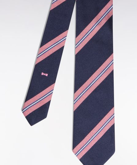 Cravate en soie rayée marine et rose
