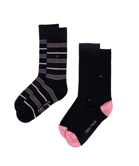 Lot de deux paires de chaussettes en coton stretch mélangé marine unies et rayées