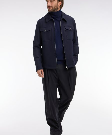 Pantalon large à pinces avec laine et cachemire bleu marine