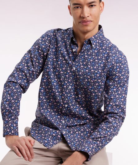 Chemise en coton bleu à micro-motifs fleurs coupe droite