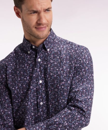 Chemise en coton marine à micro-motifs fleurs coupe droite
