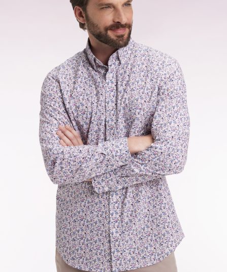 Chemise en coton beige à micro-motifs fleurs coupe droite