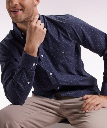 Chemise en coton à micro-motifs nœuds papillon marine coupe droite