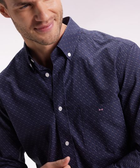 Chemise en coton marine à micro-motifs nœuds papillon coupe droite