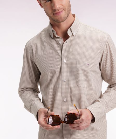 Chemise vichy en popeline de coton beige coupe droite