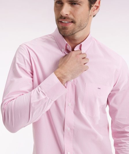 Chemise vichy en popeline de coton rose coupe droite