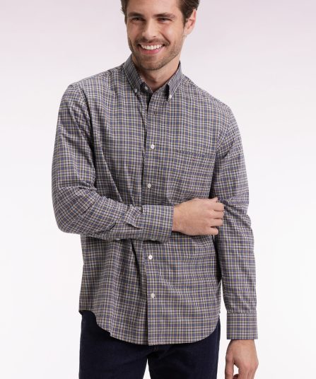 Chemise à carreaux en coton beige coupe droite