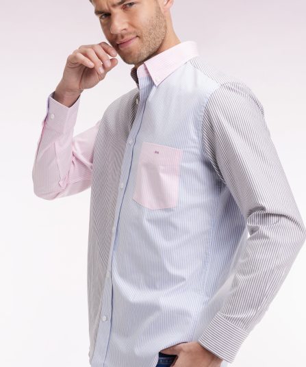 Chemise en twill de coton à rayures trois couleurs coupe droite