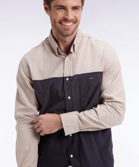 Chemise en flanelle tricolore marine et beige coupe droite
