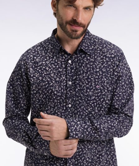 Chemise en coton marine imprimé floral coupe droite