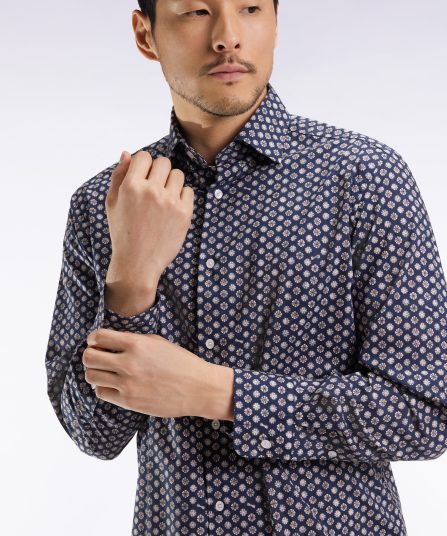 Chemise en coton marine à imprimé floral graphique coupe droite
