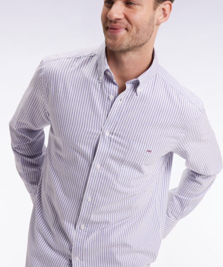 Chemise en popeline de coton rayée bleue coupe droite