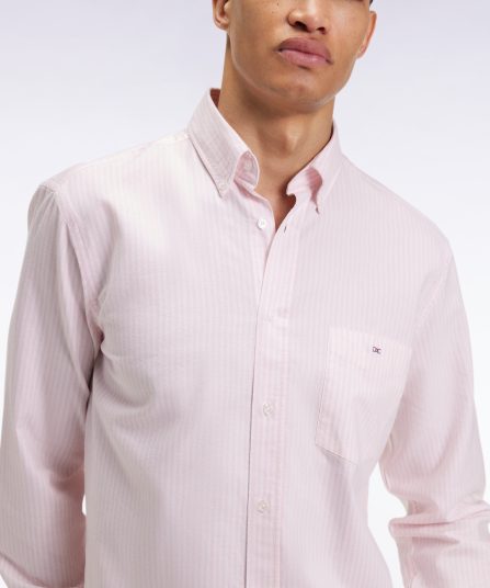 Chemise en popeline de coton rayée rose coupe droite