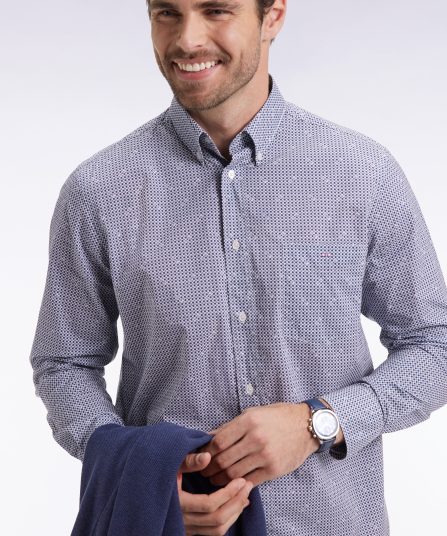 Chemise à micromotifs en coton bleu coupe droite