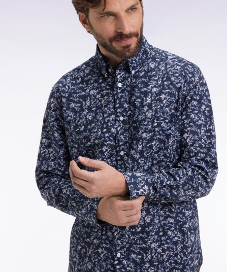 Chemise à micro-motifs fleurs en coton marine coupe droite