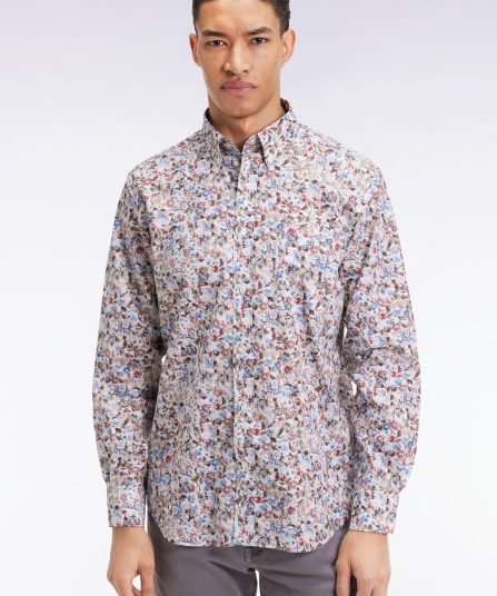 Chemise à micro-motifs fleurs en coton marron coupe droite