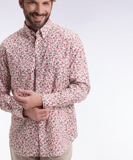 Chemise en popeline de coton à micro-motifs fleurs rouge coupe droite