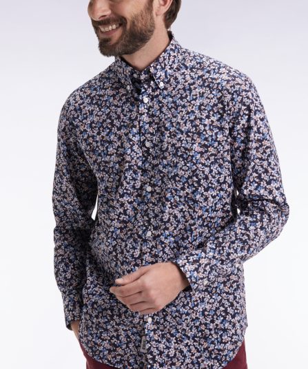 Chemise en popeline de coton à micro-motifs fleurs bleu coupe droite