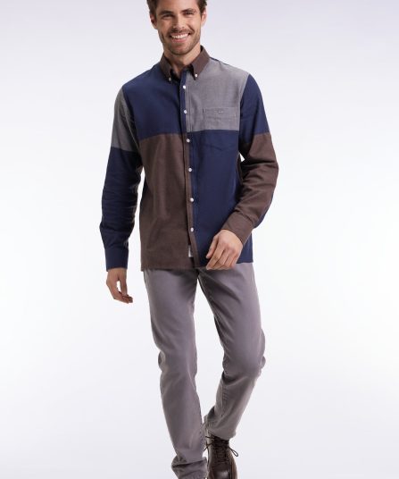 Chemise tricolore en flanelle de coton marine coupe droite