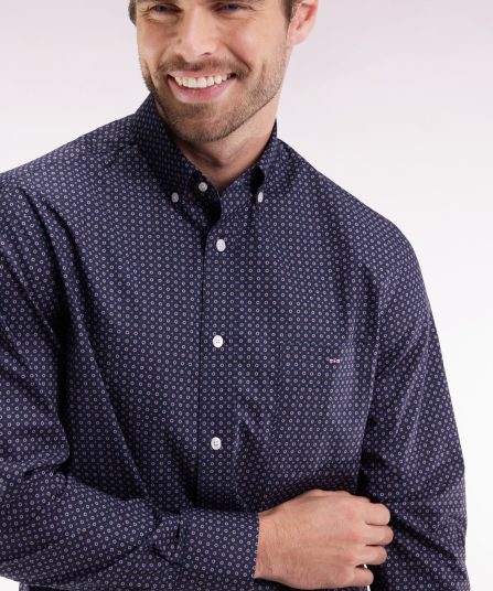 Chemise en coton à micro-motifs marine coupe droite