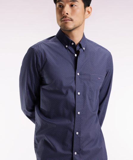 Chemise en coton Pima marine à micro-motifs nœud papillon coupe droite