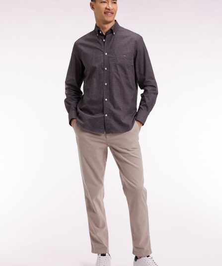 Chemise en coton Pima marron à micro-motifs coupe droite