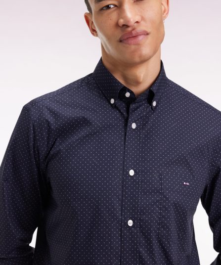 Chemise en coton Pima marine à micro-pois coupe droite