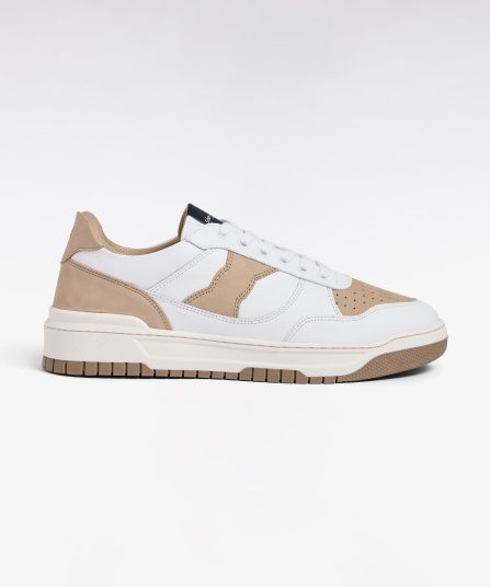 Sneakers bimatières en cuir et daim beige et blanches