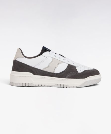 Sneakers bimatières en cuir lisse blanc et cuir suédé gris