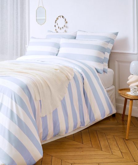 Housse de couette en percale de coton blanche à rayures bleues