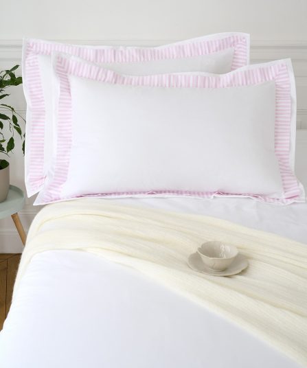 Lot de taies d'oreillers rectangulaires en coton blanc à bordure rose rayée