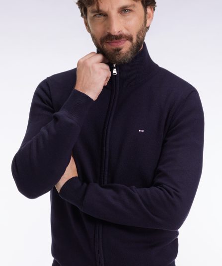 Cardigan zippé en laine et coton marine coupe droite