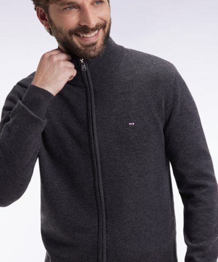 Cardigan zippé en laine et coton gris foncé coupe droite