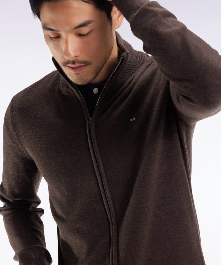 Cardigan zippé en laine et coton marron coupe droite