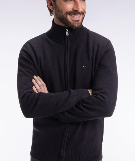 Cardigan zippé en laine et coton noir coupe droite