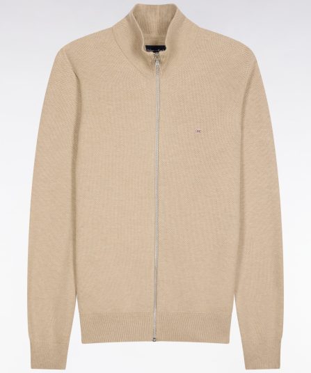 Cardigan zippé en laine et coton camel coupe droite