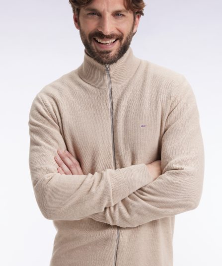 Cardigan en coton nid d'abeille beige coupe droite