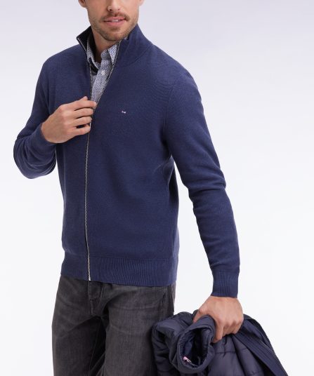 Cardigan en coton nid d'abeille marine coupe droite