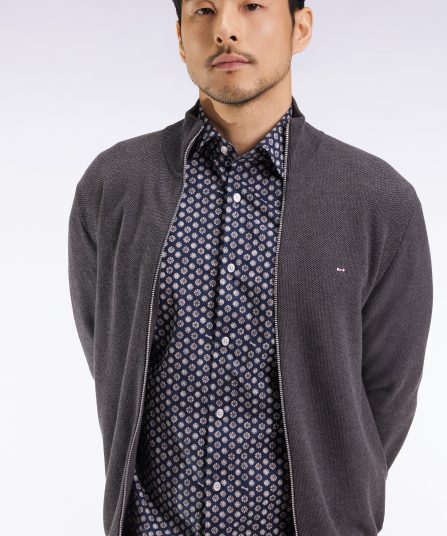 Cardigan en coton nid d'abeille gris coupe droite