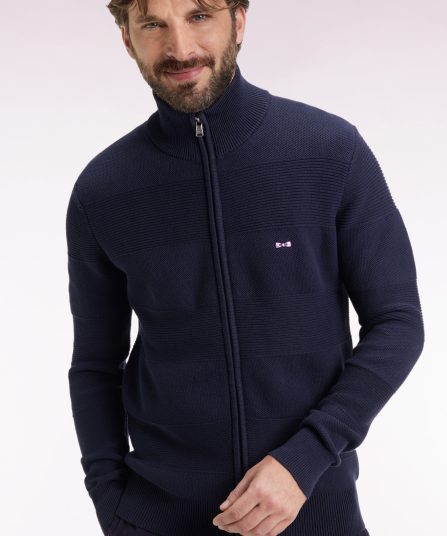 Cardigan zippé en coton nid d'abeille marine coupe droite