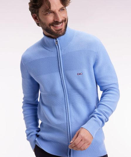 Cardigan zippé en coton nid d'abeille ciel coupe droite