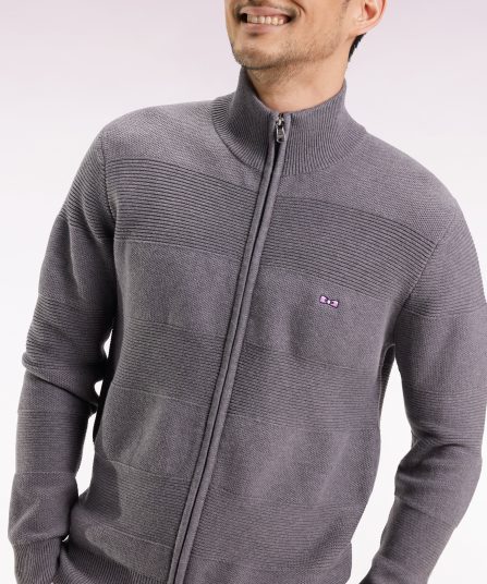 Cardigan zippé en coton nid d'abeille gris coupe droite