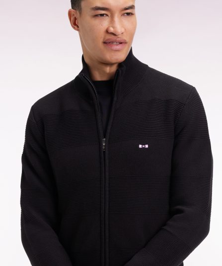 Cardigan zippé en coton nid d'abeille noir coupe droite