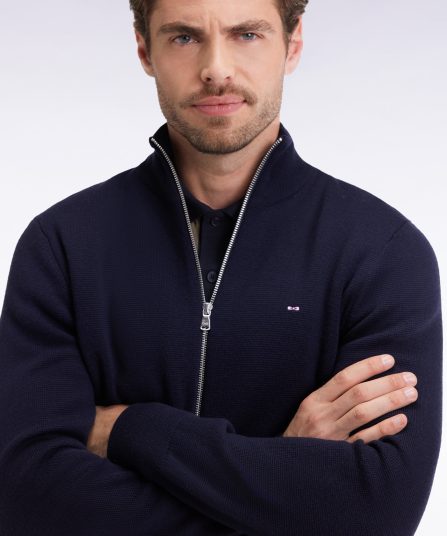 Cardigan en laine mérinos marine coupe droite