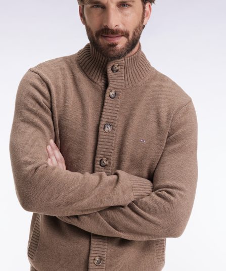 Cardigan à col montant en laine et coton camel