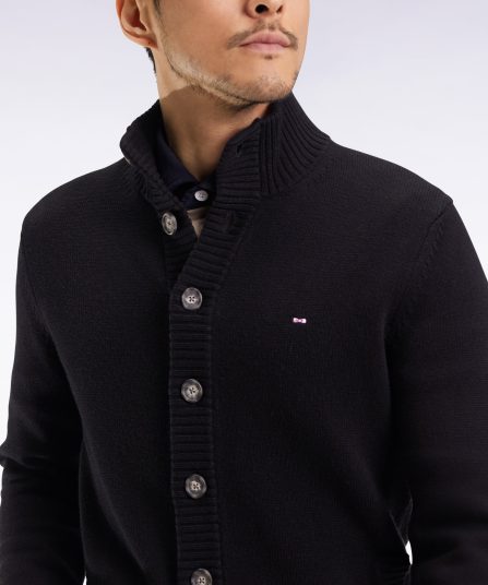 Cardigan à col montant en laine et coton noir
