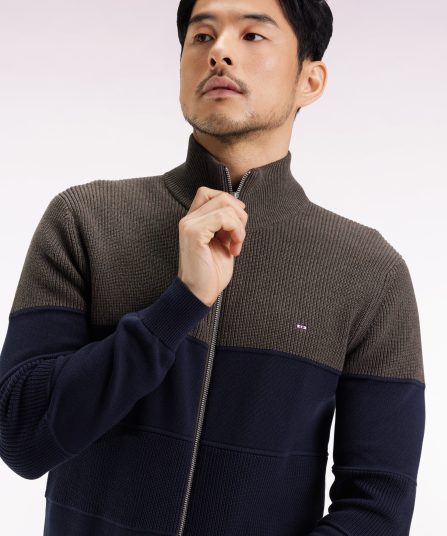 Cardigan zippé en coton bicolore marine et marron coupe droite