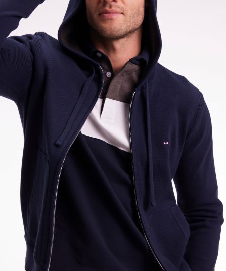 Pull à capuche zippé en coton marine coupe droite